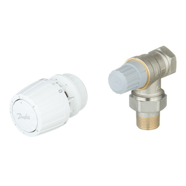 Клапан (вентиль) термостатический угловой Danfoss (013G2233) 3/4 НР(ш) х 3/4 ВР(г) для однотрубных систем с термоголовкой комплект