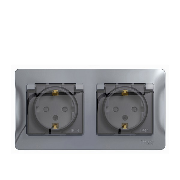 Розетка с рамкой Schneider Electric Glossa GSL000347 двойная скрытая установка алюминий с заземлением IP44 со шторками
