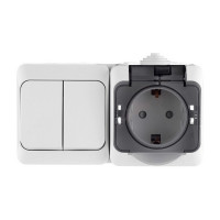 Блок выключателя с розеткой Schneider Electric Этюд BPA16-242B двухклавишный открытая установка белая с заземлением с крышкой со шторками