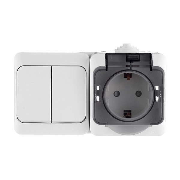 Блок выключателя с розеткой Schneider Electric Этюд BPA16-242B двухклавишный открытая установка белая с заземлением с крышкой со шторками
