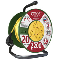 Удлинитель силовой на катушке Союз (481S-3402) с заземлением 20 м 10 А 230 В 2,2 кВт 4 розетки ПВС 3х0,75 мм2 IP20