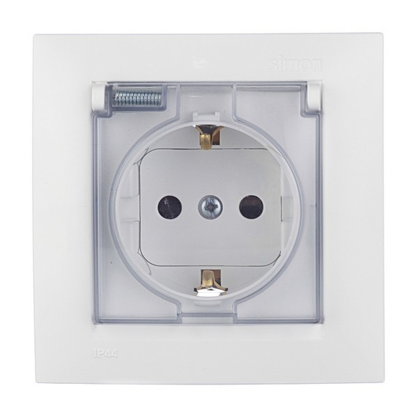 Розетка с рамкой Simon 15 1590450-030 скрытая установка белая с заземлением IP44 с крышкой со шторками