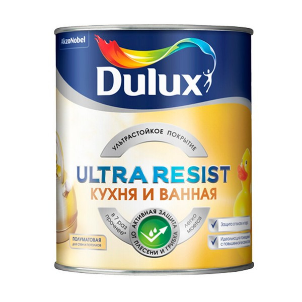 Краска водно-дисперсионная Dulux Ultra Resist кухня и ванная моющаяся полуматовая белая основа BW 1 л