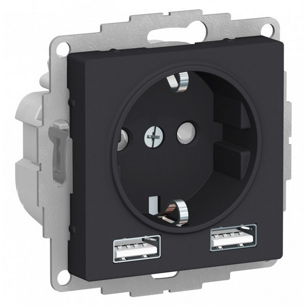 Розетка Schneider Electric Atlas Design ATN001030 скрытая установка карбон с заземлением два модуля USB