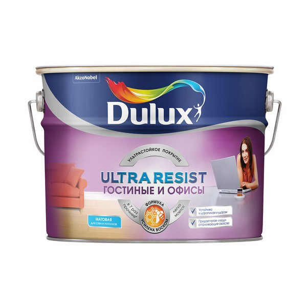 Краска водно-дисперсионная Dulux Ultra Resist гостиные и офисы моющаяся основа ВС 9 л