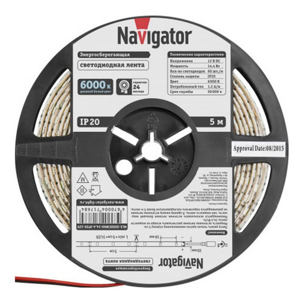 Лента светодиодная SMD 5050 Navigator 6000К холодный белый свет 14,4 Вт 12 В IP20 5 м