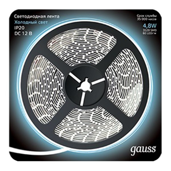 Лента светодиодная SMD 2835 Gauss 6500К холодный белый свет 4,8 Вт 12 В IP20 5 м