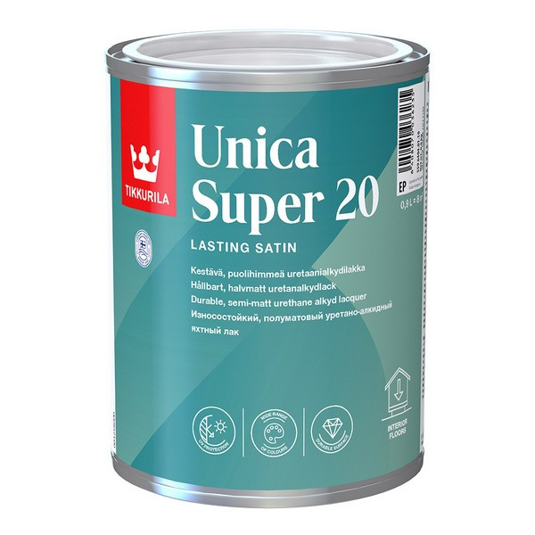 Лак алкидно-уретановый яхтный Tikkurila Unica Super 20 основа EP бесцветный 0,9 л полуматовый