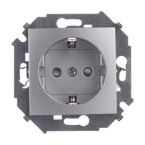 Розетка Simon 15 1591443-033 скрытая установка алюминий с заземлением со шторками