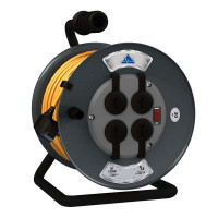 Удлинитель силовой на катушке Партнер Электро ProfiLine PL03 (UP216C-430GR) открытая установка с заземлением 30 м 16 А 220 В 3,5 кВт 4 розетки ПВС 3х1,5 мм2 IP44 с брызгозащитой серый/оранжевый