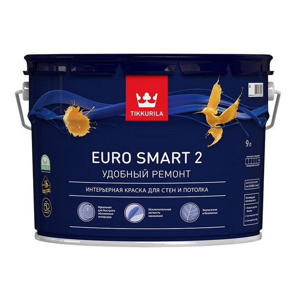 Краска водно-дисперсионная интерьерная Tikkurila Euro Smart 2 белая основа А 9 л