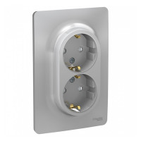 Розетка с рамкой Schneider Electric Unica NEW NU206730 двойная скрытая установка алюминий с заземлением со шторками винтовой зажим