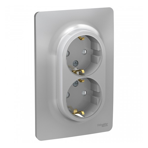 Розетка с рамкой Schneider Electric Unica NEW NU206730 двойная скрытая установка алюминий с заземлением со шторками винтовой зажим