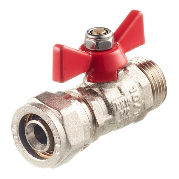 Кран шаровой латунный VALTEC (VT.341.N.1604) 16 обж(ц) х 1/2 НР(ш) для металлопластиковых труб бабочка прямой