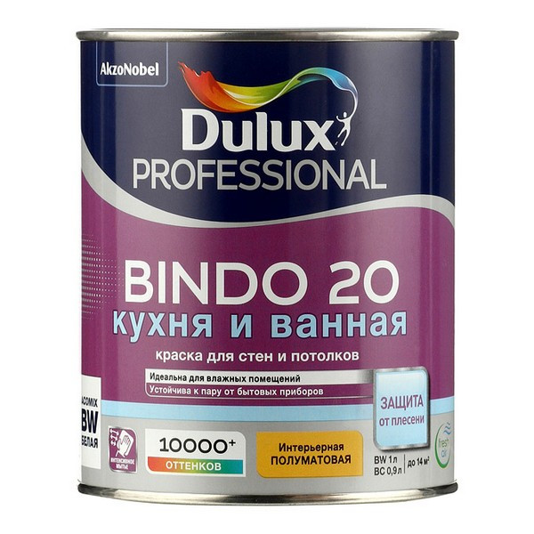 Краска водно-дисперсионная Dulux Bindo 20 кухня и ванная моющаяся белая основа BW 1 л