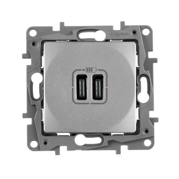 Розетка USB Legrand Etika 672435 скрытая установка алюминий два модуля USB