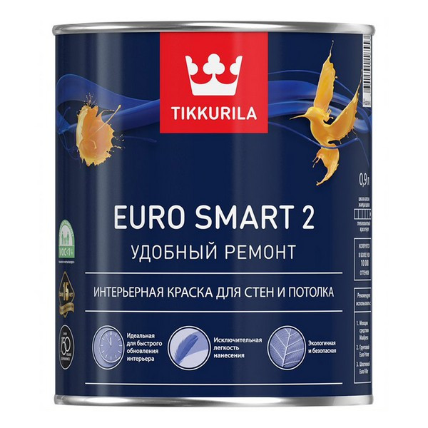Краска водно-дисперсионная интерьерная Tikkurila Euro Smart 2 белая основа А 0,9 л