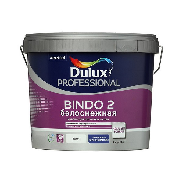 Краска водно-дисперсионная для потолка Dulux Bindo 2 белая 9 л
