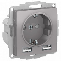 Розетка Schneider Electric Atlas Design ATN000330 скрытая установка алюминий с заземлением два модуля USB