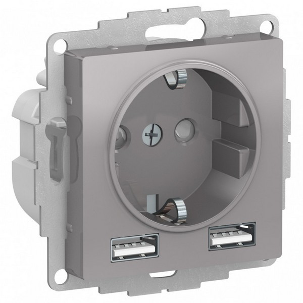 Розетка Schneider Electric Atlas Design ATN000330 скрытая установка алюминий с заземлением два модуля USB
