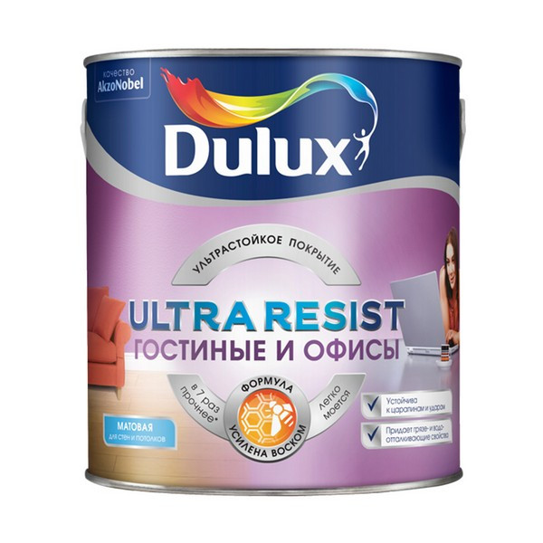 Краска водно-дисперсионная моющаяся Dulux Ultra Resist гостиные и офисы бесцветная основа ВС 2,25 л