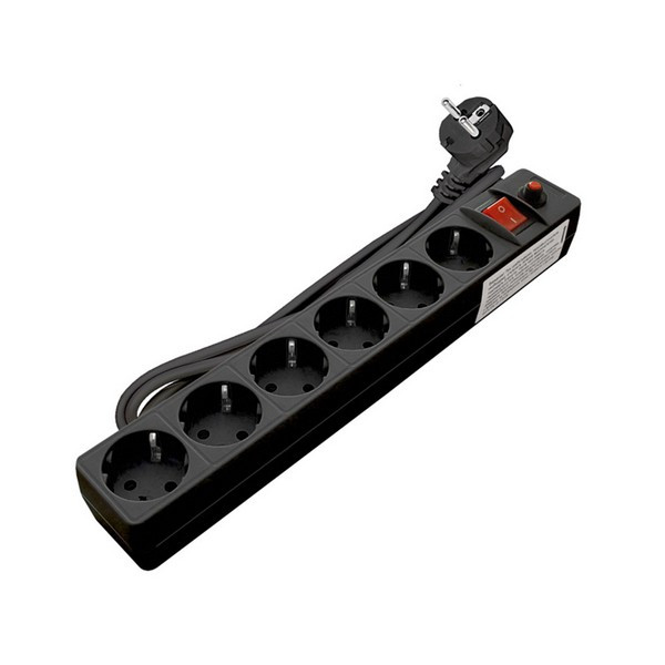 Сетевой фильтр UNIVersal (967U-4001) с заземлением 1,8 м 10 А 230 В 2,2 кВт 6 розеток ПВС 3х0,75 мм2 IP20 с выключателем и защитными шторками черный