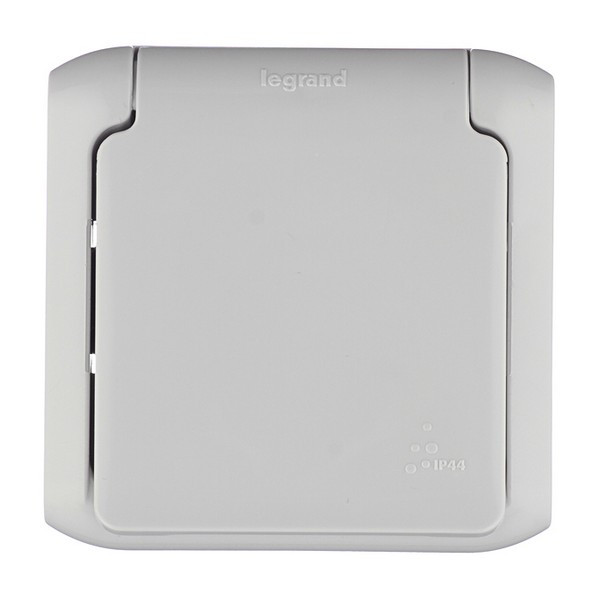 Розетка Legrand Quteo 782351 открытая установка серая с заземлением IP44 с крышкой влагозащищенная со шторками