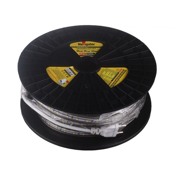 Лента светодиодная SMD 3528 Navigator 6000К холодный белый свет 4,8 Вт 220 В IP67 20 м влагозащищенная