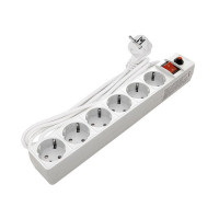 Сетевой фильтр UNIVersal (967U-3003) с заземлением 3 м 10 А 230 В 2,2 кВт 6 розеток ПВС 3х0,75 мм2 IP20 с выключателем и защитными шторками белый