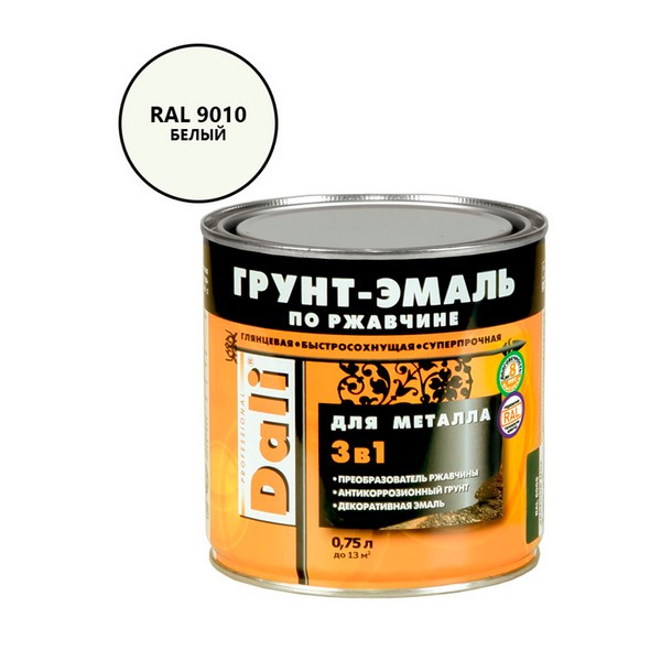 Грунт-эмаль по ржавчине 3в1 Dali гладкая глянцевая белый RAL 9010 0,75 л