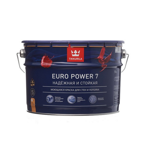 Краска водно-дисперсионная Tikkurila Euro Power 7 моющаяся белая основа А 9 л