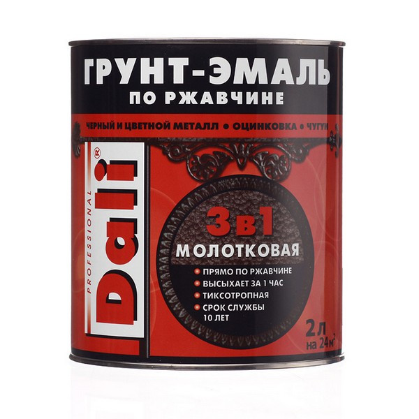 Грунт-эмаль по ржавчине Dali молотковая черная 3в1 глянцевая 2 л