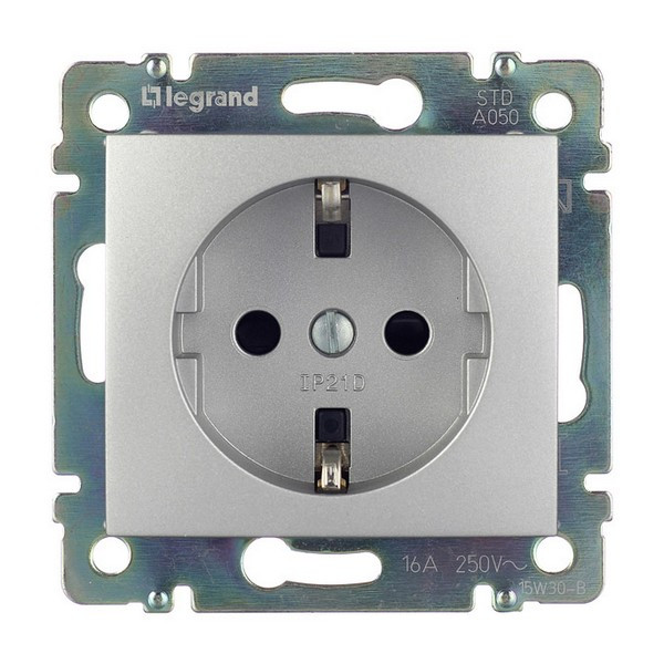 Розетка Legrand Valena 694343 скрытая установка алюминий с заземлением со шторками