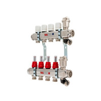 Коллекторная группа VALTEC (VTc.586.EMNX.0604) 1 ВР(г) х 4 выхода 3/4 НР(ш) ЕК х 1 ВР(г) с расходомерами нержавеющая сталь