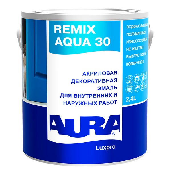 Эмаль акриловая Aura Remix Aqua 30 полуматовая белая основа А 2,4 л