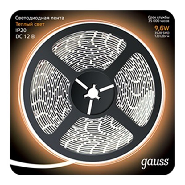 Лента светодиодная SMD 2835 Gauss 3000К теплый белый свет 9,6 Вт 12 В IP20 5 м