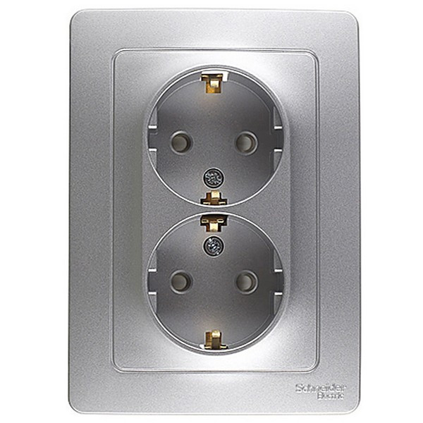 Розетка с рамкой Schneider Electric Blanca BLNRS001123 двойная скрытая установка алюминий с заземлением со шторками