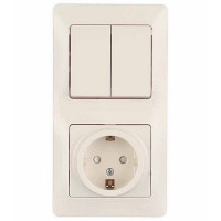 Блок выключателя с розеткой с рамкой Schneider Electric Glossa GSL000274 двухклавишный скрытая установка бежевый с заземлением со шторками
