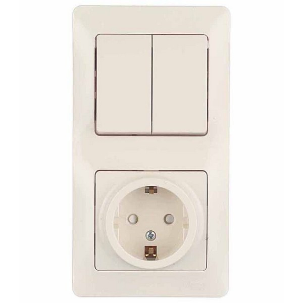 Блок выключателя с розеткой с рамкой Schneider Electric Glossa GSL000274 двухклавишный скрытая установка бежевый с заземлением со шторками
