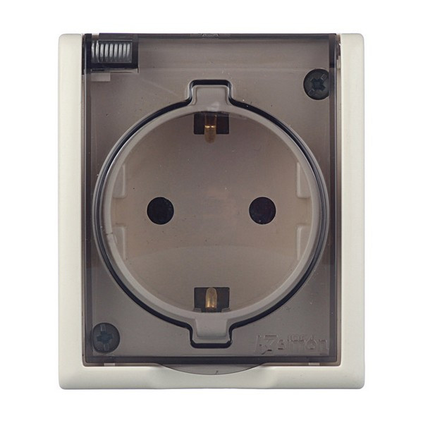 Розетка Simon 15 Aqua 1594445-031 открытая установка слоновая кость с заземлением IP54 с крышкой