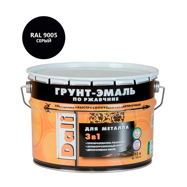 Грунт-эмаль по ржавчине 3в1 Dali гладкая глянцевая черный RAL 9005 10 л