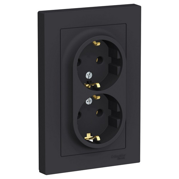 Розетка с рамкой Schneider Electric Atlas Design ATN001024 двойная скрытая установка карбон с заземлением