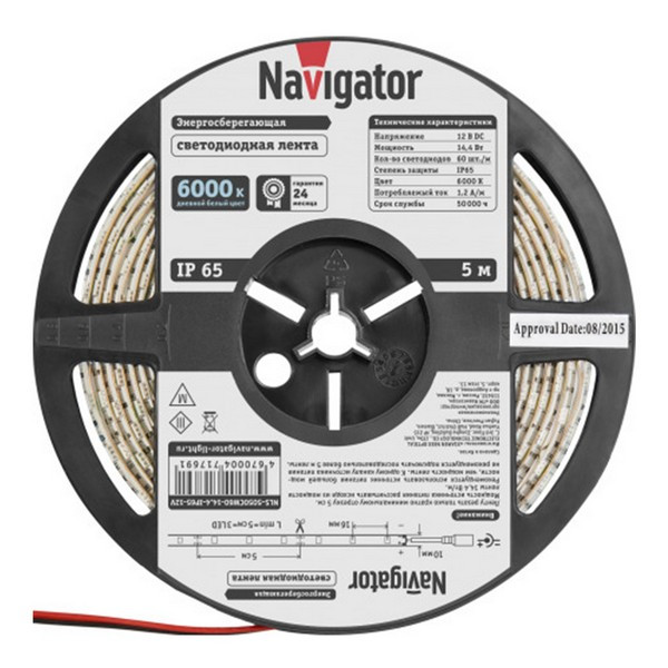 Лента светодиодная SMD 5050 Navigator 6000К холодный белый свет 14,4 Вт 12 В IP65 5 м
