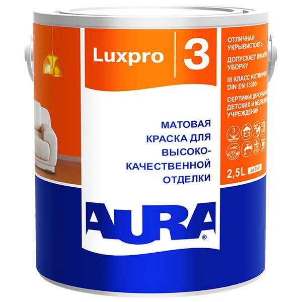Краска водно-дисперсионная Aura LuxPro 3 влагостойкая белая основа А 2,5 л