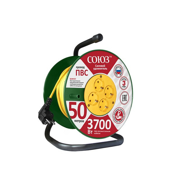 Удлинитель силовой на катушке Союз (481S-3605) с заземлением 50 м 16 А 220-250 В 3,7 кВт 4 розетки ПВС 3х1,5 мм2 IP20