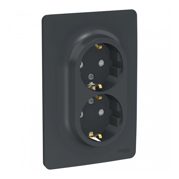 Розетка с рамкой Schneider Electric Unica NEW NU206754 двойная скрытая установка антрацит с заземлением со шторками винтовой зажим