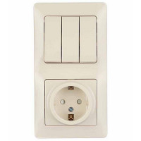 Блок выключателя с розеткой с рамкой Schneider Electric Glossa GSL000278 трехклавишный скрытая установка бежевый с заземлением со шторками