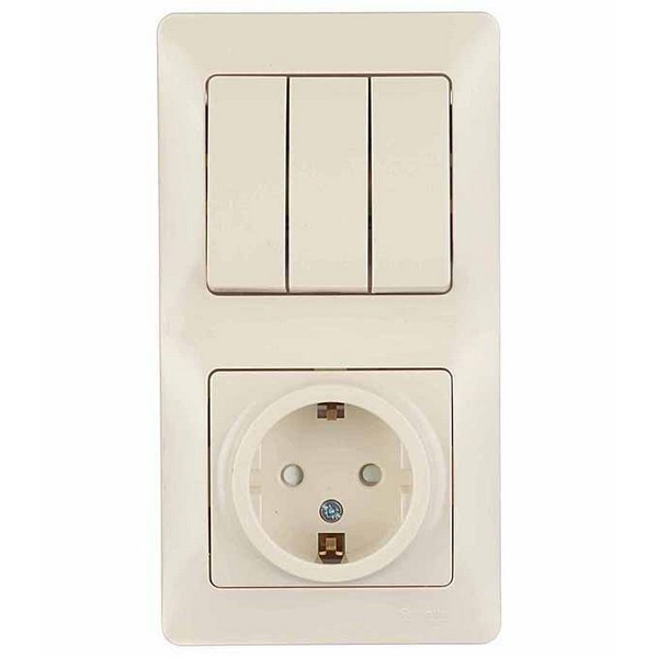 Блок выключателя с розеткой с рамкой Schneider Electric Glossa GSL000278 трехклавишный скрытая установка бежевый с заземлением со шторками
