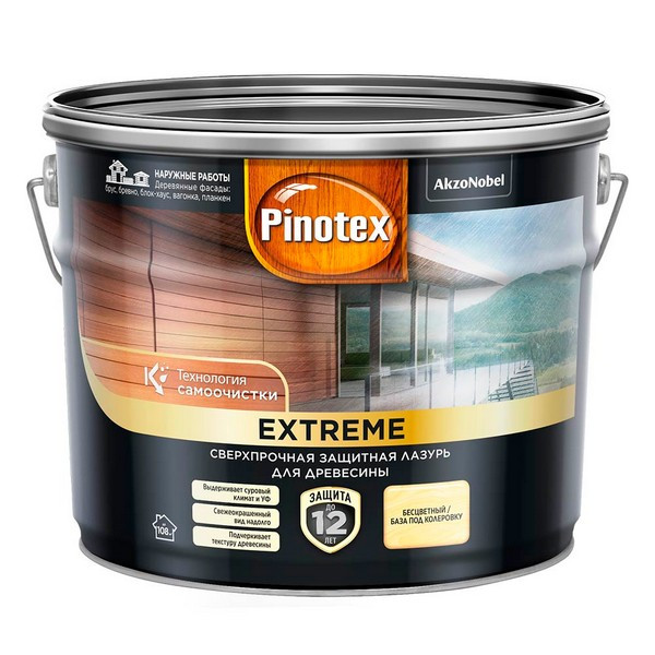 Антисептик лазурь Pinotex Extreme декоративный для дерева бесцветный основа BC 9 л