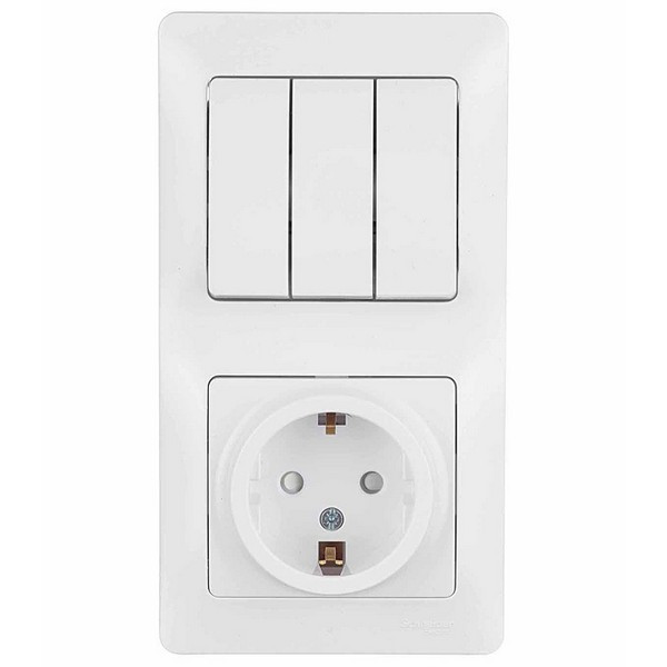 Блок выключателя с розеткой с рамкой Schneider Electric Glossa GSL000178 трехклавишный скрытая установка белый с заземлением со шторками